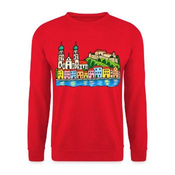 Passau Skyline im bunten Wachsmalstil - Unisex Pullover - Rot - Vorne - Alina (178cm) & Michal (187cm)