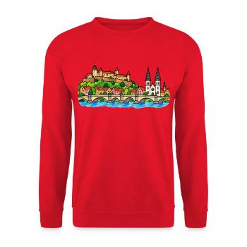 Würzburg Skyline im bunten Wachsmalstil - Unisex Pullover - Rot - Vorne - Alina (178cm) & Michal (187cm)