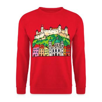 Salzburg Skyline im bunten Wachsmalstil - Unisex Pullover - Rot - Vorne - Alina (178cm) & Michal (187cm)