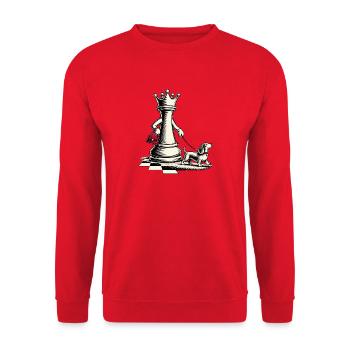 Schachdame mit Hund beim Spaziergang - Unisex Pullover - Rot - Vorne - Alina (178cm) & Michal (187cm)