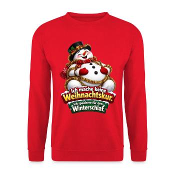 Schneemann mit Weihnachtsspruch - Unisex Pullover - Rot - Vorne - Alina (178cm) & Michal (187cm)