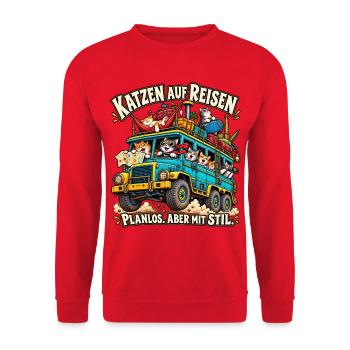Katzen auf Reisen: Planlos, aber Stil - Unisex Pullover - Rot - Vorne - Alina (178cm) & Michal (187cm)