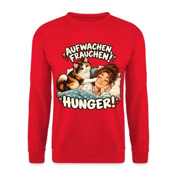 Aufwachen Frauchen Hunger Katze - Unisex Pullover - Rot - Vorne - Alina (178cm) & Michal (187cm)