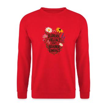 Blühende Vielfalt statt brauner Einfalt Antifa  - Unisex Pullover - Rot - Vorne - Alina (178cm) & Michal (187cm)