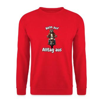 Helm auf, Alltag aus – Motorrad-Waschbär - Unisex Pullover - Rot - Vorne - Alina (178cm) & Michal (187cm)