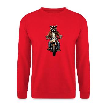 Waschbär auf Oldtimer-Motorrad, Gravur – ohne Text - Unisex Pullover - Rot - Vorne - Alina (178cm) & Michal (187cm)