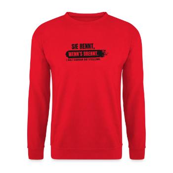 Sie rennt, wenn's brennt – I halt dahoam die - Unisex Pullover - Rot - Vorne - Alina (178cm) & Michal (187cm)