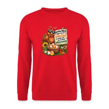 Hühner frische Eier und Selbstversorgung ist Glück - Unisex Pullover - Rot - Vorne - Alina (178cm) & Michal (187cm)