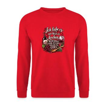 Ich liebe es, mit Wein zu kochen – Weinspruch - Unisex Pullover - Rot - Vorne - Alina (178cm) & Michal (187cm)