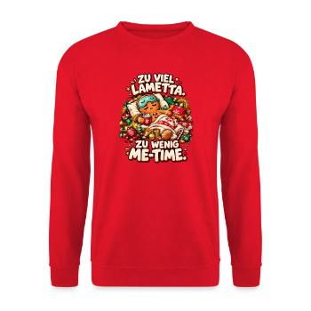 Zu viel Lametta, zu wenig Me-Time! Weihnachtsmotiv - Unisex Pullover - Rot - Vorne - Alina (178cm) & Michal (187cm)