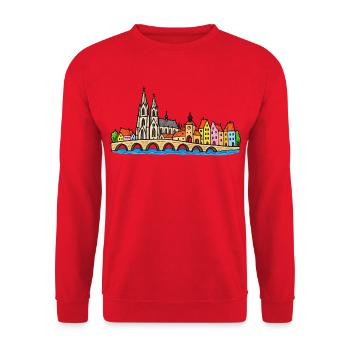 Regensburg Skyline im bunten Wachsmalstil - Unisex Pullover - Rot - Vorne - Alina (178cm) & Michal (187cm)