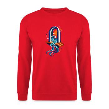 Meeresportal – Welle Sonne und blaues Tor - Unisex Pullover - Rot - Vorne - Alina (178cm) & Michal (187cm)