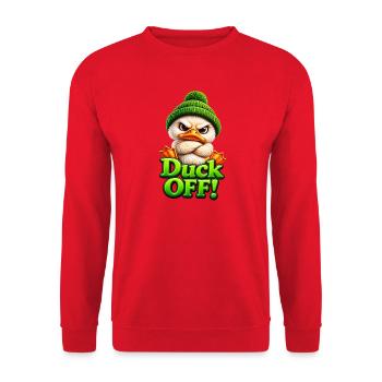 Ente Mütze Grimmig Duck Off - Unisex Pullover - Rot - Vorne - Alina (178cm) & Michal (187cm)