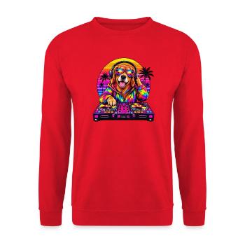 Neon-DJ-Hund in Sunset Palms - Unisex Pullover - Rot - Vorne - Alina (178cm) & Michal (187cm)