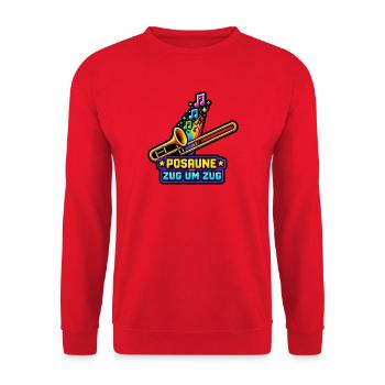 Posaune Zug Um Zug Musiker Retro Pixel Art Shirt - Unisex Pullover - Rot - Vorne - Alina (178cm) & Michal (187cm)