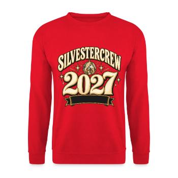 Silvestercrew 2027 mit Discokugel & leeres Banner - Unisex Pullover - Rot - Vorne - Alina (178cm) & Michal (187cm)