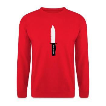 Words Cut Deeper – Papiermesser Design - Unisex Pullover - Rot - Vorne - Alina (178cm) & Michal (187cm)