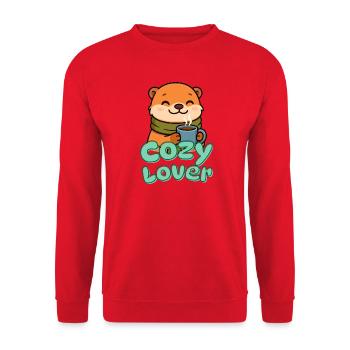 Otter mit Kaffee Cozy Charm - Unisex Pullover - Rot - Vorne - Alina (178cm) & Michal (187cm)
