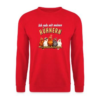 Hühner Ich rede mit meinen Hühnern - Unisex Pullover - Rot - Vorne - Alina (178cm) & Michal (187cm)