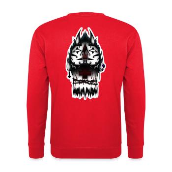 Tätowierter schwarzer Totenkopf und Kreuz - Unisex Pullover - Rot - Hinten - Michal (187cm)