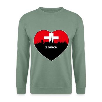 Zürich-Schweiz-Flaggen-Skyline-Reise-Souvenir - Unisex Pullover - Graugrün - Vorne