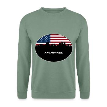 Anchorage Alaska USA Flagge Skyline Reise Souvenir - Unisex Pullover - Graugrün - Vorne