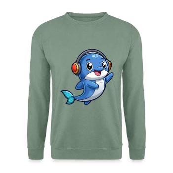 Wal Lustige Zeichentrickfigur Kopfhörer Musik - Unisex Pullover - Graugrün - Vorne