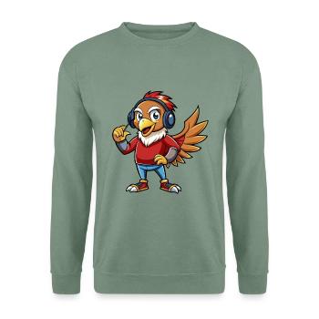 Falke Lustige Zeichentrickfigur Kopfhörer Musik - Unisex Pullover - Graugrün - Vorne