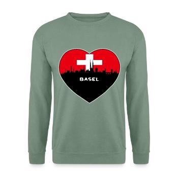 Flaggen-Skyline-Reise-Andenken Basel-Schweiz - Unisex Pullover - Graugrün - Vorne