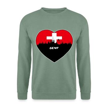 Flaggen-Skyline-Reise-Andenken Genf-Schweiz - Unisex Pullover - Graugrün - Vorne