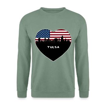 Tulsa Oklahoma USA Flagge Skyline Reise Souvenir - Unisex Pullover - Graugrün - Vorne