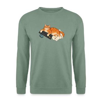 Mein Schreibtisch – Katze auf der Tastatur - Unisex Pullover - Graugrün - Vorne