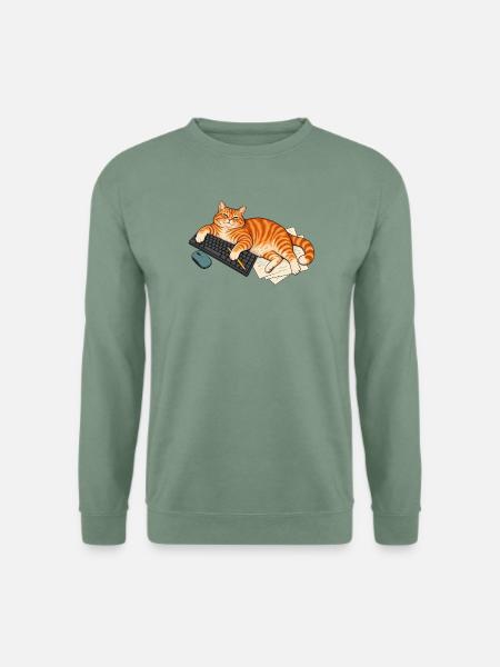 Mein Schreibtisch – Katze auf der Tastatur - Unisex Pullover - Graugrün