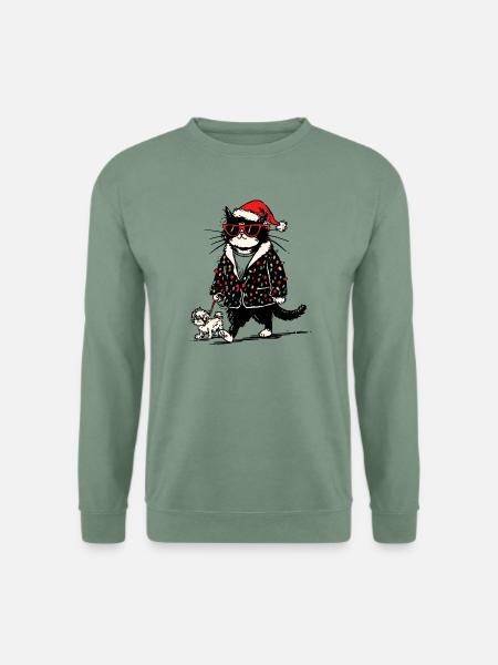 Cool Christmas Lights Cat Walking Dog - Unisex Pullover - Graugrün