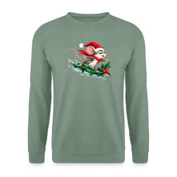 Fröhliche Maus surft auf Stechpalme - Unisex Pullover - Graugrün - Vorne