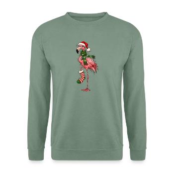 Mürrischer und kühler Weihnachtsflamingo - Unisex Pullover - Graugrün - Vorne