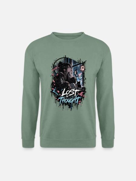 Lost in Thought – Melancholic Anime Girl - Unisex Pullover - Graugrün