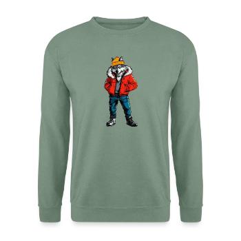Wolf mit roter Winterjacke und gelber Mütze - Unisex Pullover - Graugrün - Vorne