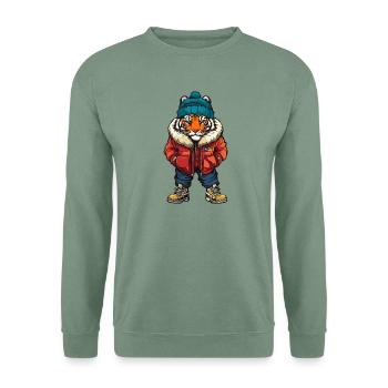 Tiger mit Winterjacke und blauer Mütze - Unisex Pullover - Graugrün - Vorne