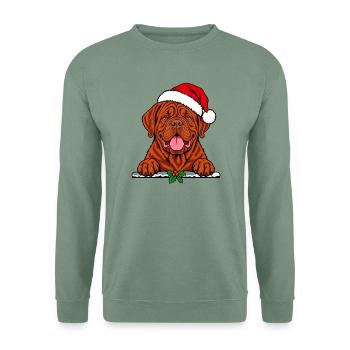 Bordeauxdogge mit Santa Hut - Unisex Pullover - Graugrün - Vorne