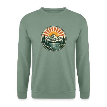 Bergsee Sonnenaufgang Retro Sticker - Unisex Pullover - Graugrün - Vorne