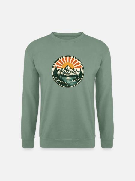 Bergsee Sonnenaufgang Retro Sticker - Unisex Pullover - Graugrün