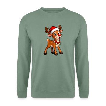 Rentier mit Weihnachtsmütze - Unisex Pullover - Graugrün - Vorne