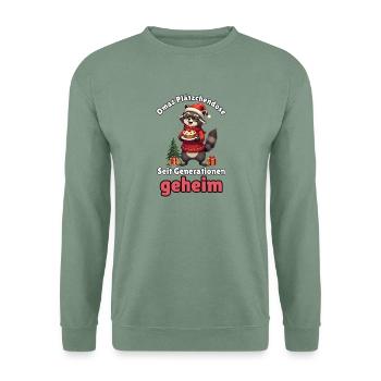 Oma-Waschbär zu Weihnachten - Unisex Pullover - Graugrün - Vorne