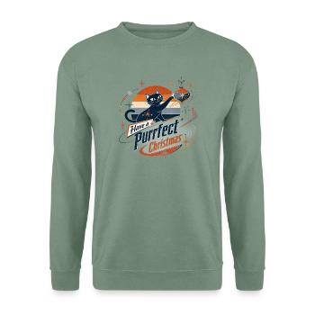 Retro Katze Purrfekt Weihnachten - Unisex Pullover - Graugrün - Vorne