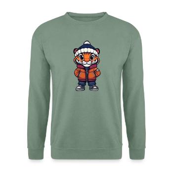 Tiger mit Winterjacke und Mütze - Unisex Pullover - Graugrün - Vorne