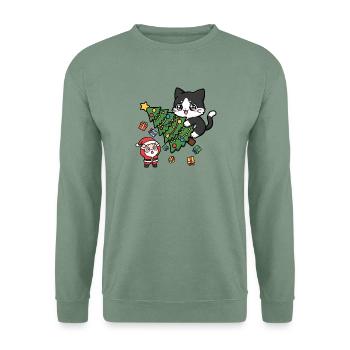 Weihnachtskatze umarmt festlichen Baum - Unisex Pullover - Graugrün - Vorne