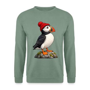 Papageitaucher mit roter Bobble-Mütze - Unisex Pullover - Graugrün - Vorne