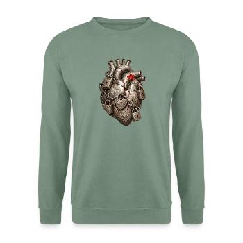 Herz aus angekettetem Stahl und roter Blume – Liebe - Unisex Pullover - Graugrün - Vorne