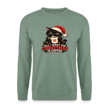 Katze und Weihnachtskaffee - Unisex Pullover - Graugrün - Vorne